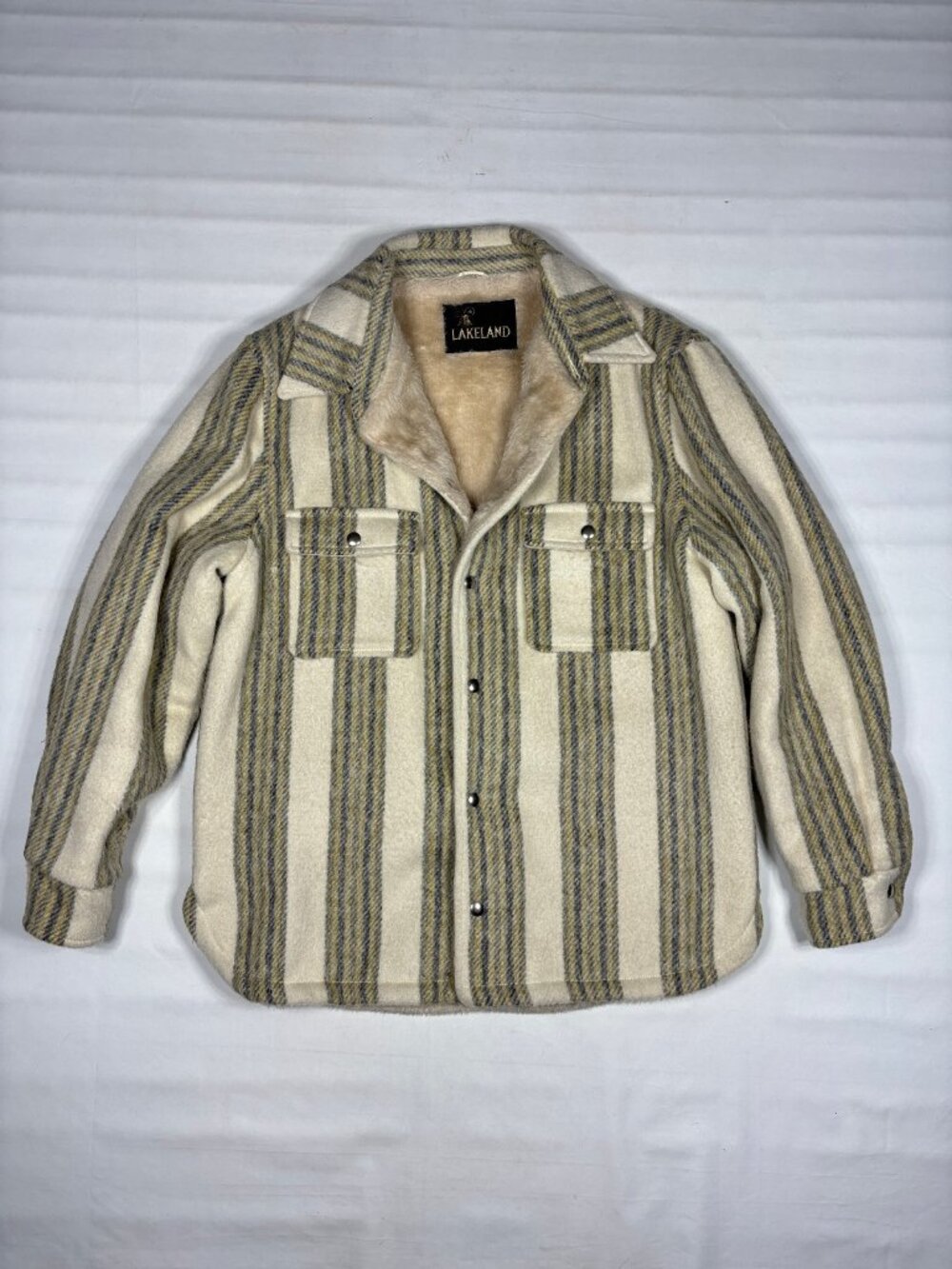 VTG 70s Lakeland Shepa Faux Fur Lined Wool Blanket Chore Jacket Shacket Mens Med